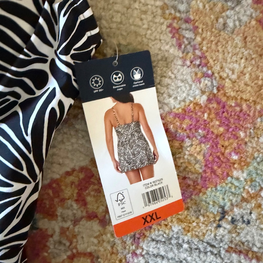 Lands End Women XXL Swim Dress Black White Leaf Print UPF 50 Surplice 1837629 - Picture 2 of 4